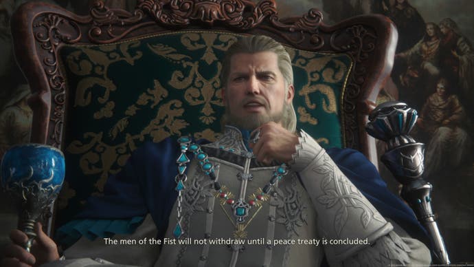 Um rei arrogante da Final Fantasy 16, dando ordens de seu trono