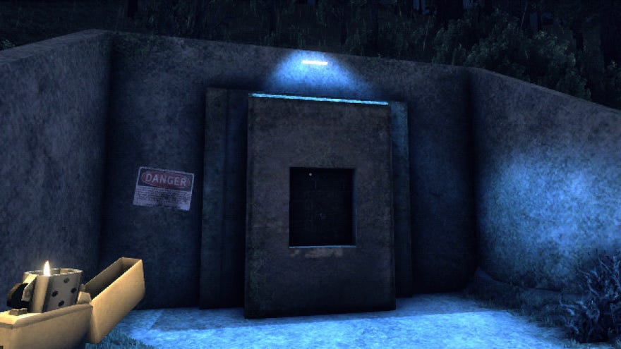 Chasing Static - A bunker door in a forest clearing lit by a blue light while a first-person character holds a lighter