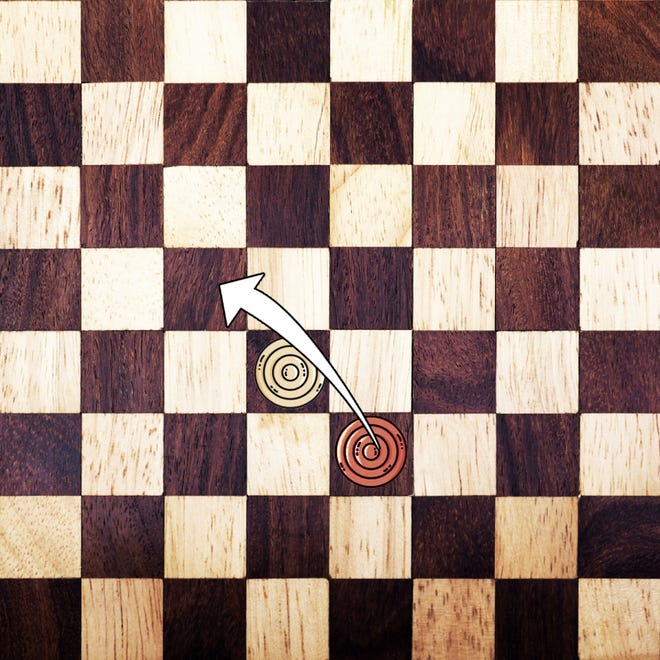 A checkers board showing a single hop