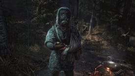 An image from Chernobylite which shows a character in a gas mask hand the player a pistol.