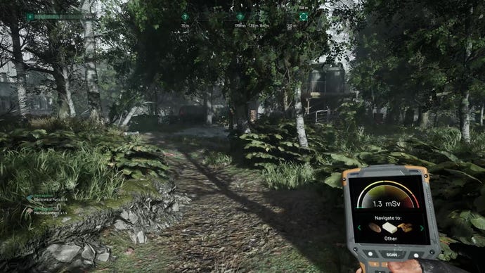 An image from Chernobylite which shows the player holding a PDA scanner device in one of the exclusion zone's many woodland areas.