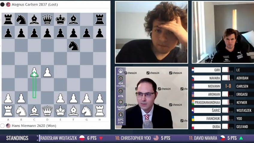 A screenshot of the moment Magus Carlsen resigns in a match against Hans Niemann, ostensibly in protest over the latter's inclusion in the tournament.