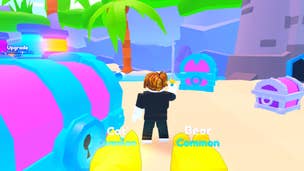 Image showing a Roblox character surrounded by treasure chests in the game Chest Simulator.