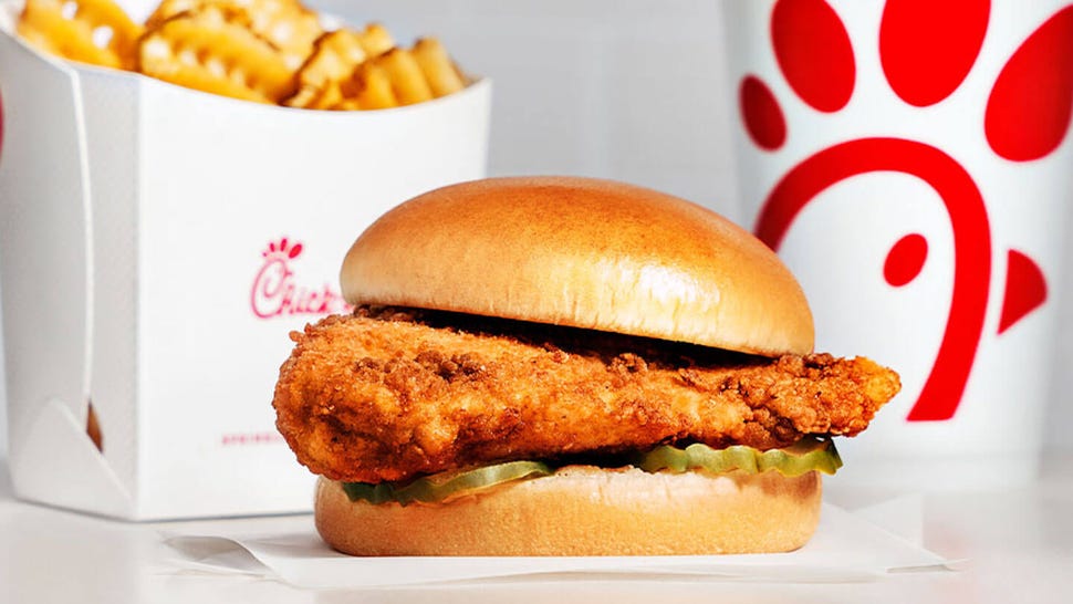 promotional image of a Chick-fil-A sandwich, fries and soft drink.