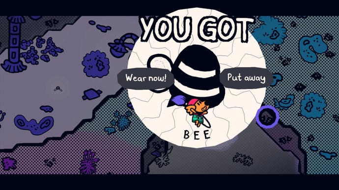 A screenshot of the protagonist obtaining a bee costume in Chicory: A Colorful Tale