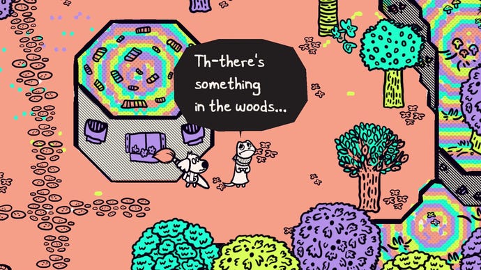 A worried lizard tells the player there's something in the woods in Chicory