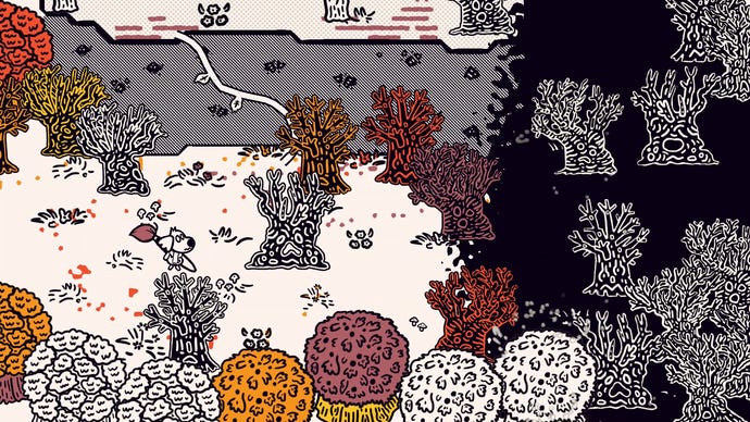 The player looks at a foreboding dark presence at the edge of a forest scene in Chicory