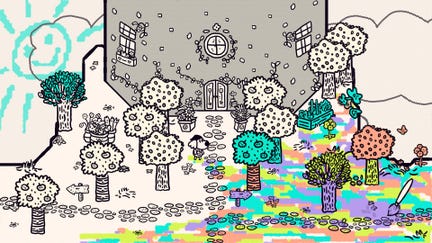 Chicory: A Colorful Tale - The played character stands with a brush in front of a grey and white tower. The ground has been partially colored rainbow and some of the nearby trees have been filled in green.