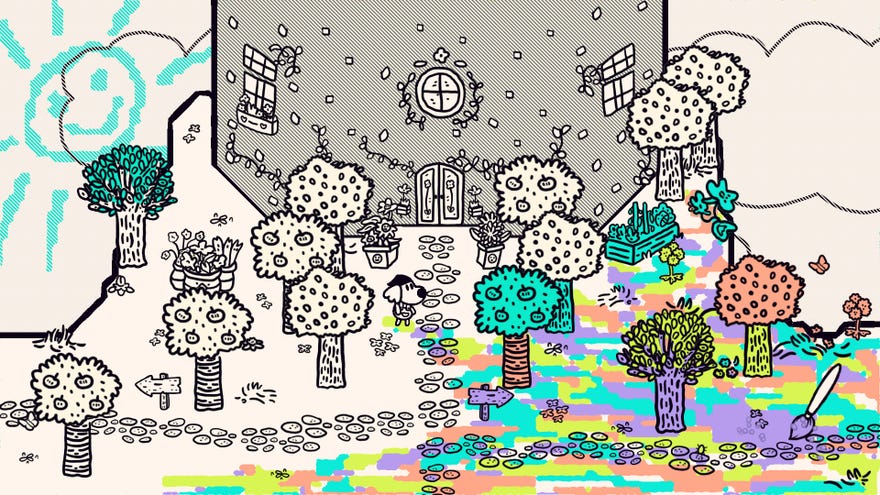 Chicory: A Colorful Tale - The played character stands with a brush in front of a grey and white tower. The ground has been partially colored rainbow and some of the nearby trees have been filled in green.