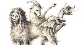 An old drawing of a four-legged chimera monster with a lion, goat and serpent head