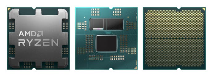 Rendering of ryzen 9 7950x cpu: with lid (left), with lid showing 3d cache on a chiplet (middle), bottom pins (right)