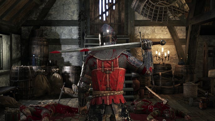 A promotional Chivalry 2 screenshot of a Mason Order player in a room filled with bodies, resting a sword against their shoulders.