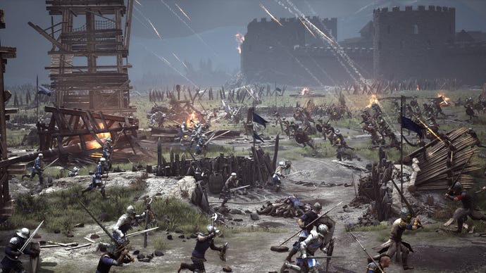 میدان جنگ کا ایک پروموشنل شیولری 2 اسکرین شاٹ جس میں بھڑک اٹھے ہوئے تیر آسمان سے نیچے جنگجوؤں کی طرف گرتے ہیں۔