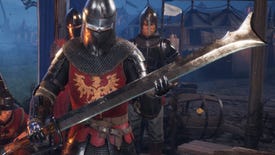 A Chivalry 2 screenshot of a Mason Knight holding a Messer with the Royal Maciejowski skin in the customization menu.