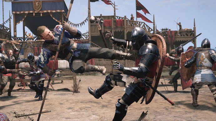 A promotional Chivalry 2 screenshot of an Agatha Knights player pole-vaulting and kicking the chest of a Mason Order player.