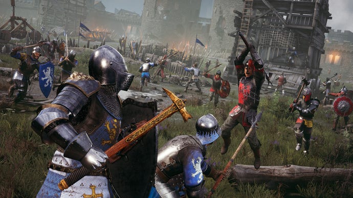 A promotional Chivalry 2 screenshot of two Agatha Knights facing off against a Mason warrior with a two-handed polearm.