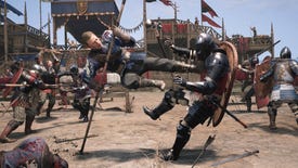 Civalry 2 - One combatant in blue leather armor uses the edge of their spear to vault into the air and kick another knight in the chest who's wearing plate armor and a helmet. Other combatants fight around them in the background in a dirt floor medieval tourney battleground.