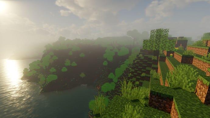 Some grassy coast with a tree in Minecraft.