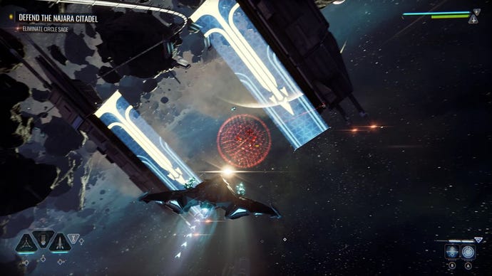 A screenshot from Chorus showing Nara in her space fighter Forsaken, flying towards a group of shielded enemies floating behind a decorative space-gate