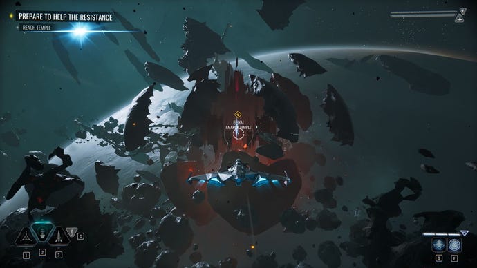 Nara and her Starfighter Forsaken, approaching an asteroid field in space in Chorus