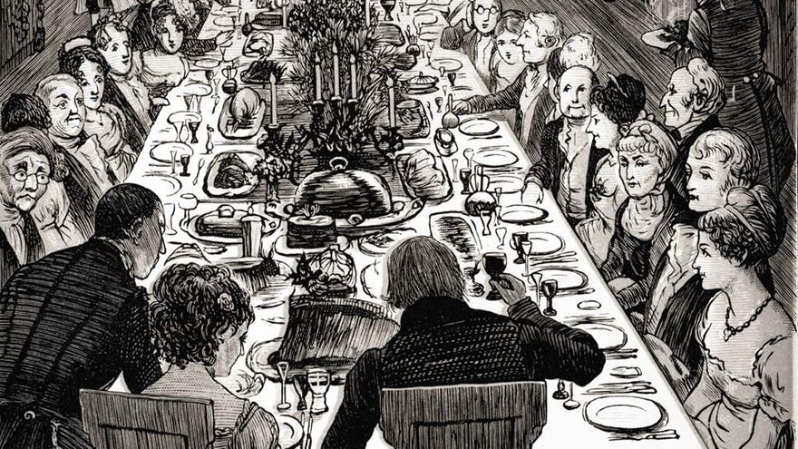 A numerous company has sat down at a table extending almost to vanishing point for a formal dinner party, which is about to begin as the host, seen from the back, raises his glass.