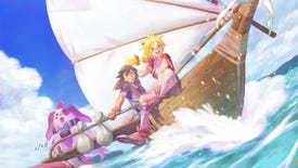 Serge and Kid ride on a boat in artwork for Chrono Cross: The Radical Dreamers Edition