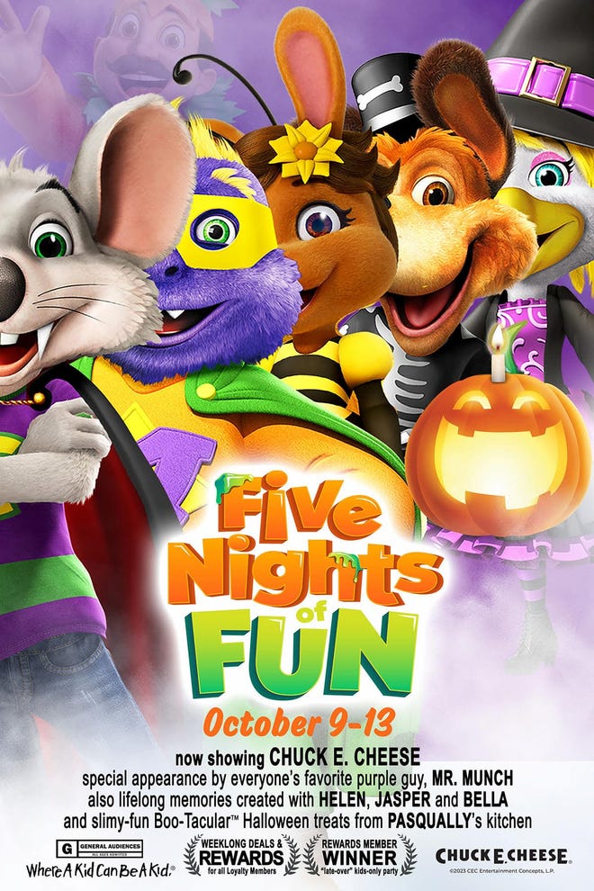 A Five Nights at Freddy's parody poster from Chuck E. Cheese.