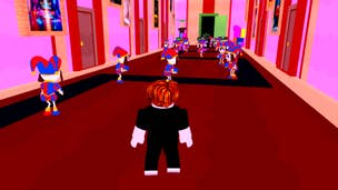 Jester-like characters surround a path enemies walk down in Circus Tower Defense as a Roblox character watches on.