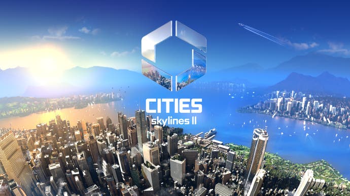 Cities: Skylines 2 logo overlaid on an aerial view of a riverside city on a sunny day