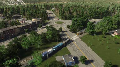 A large intersection of four roads joining a roundabout with train tracks crossing over one road and trees surrounding the area, made in Cities: Skylines 2