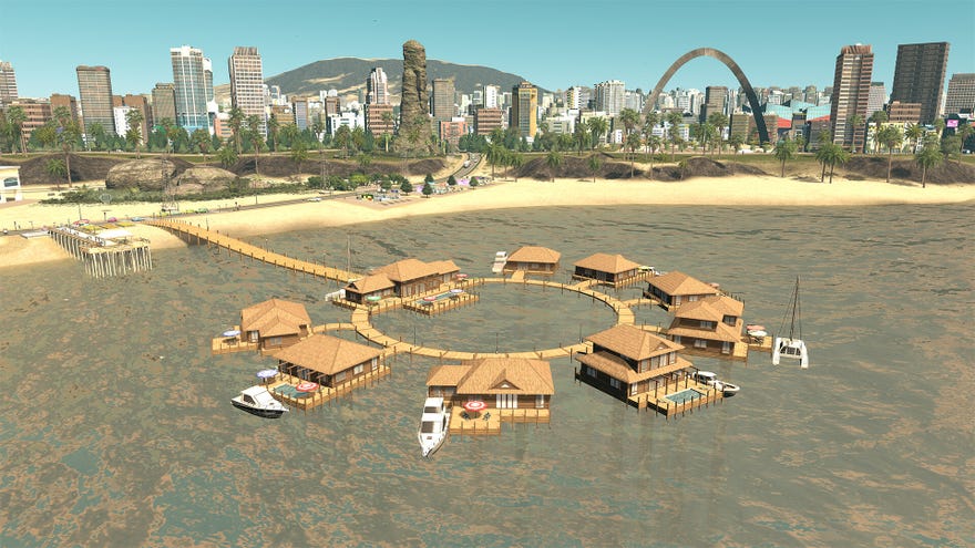 A seaside resort, in the sea, in Cities: Skylines final expansion.