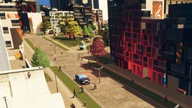 A pedestrianised city street in a colourful city in the Cities: Skylines Plazas & Promenades DLC.