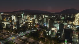 An illuminated city at night in a Cities: Skylines screenshot.