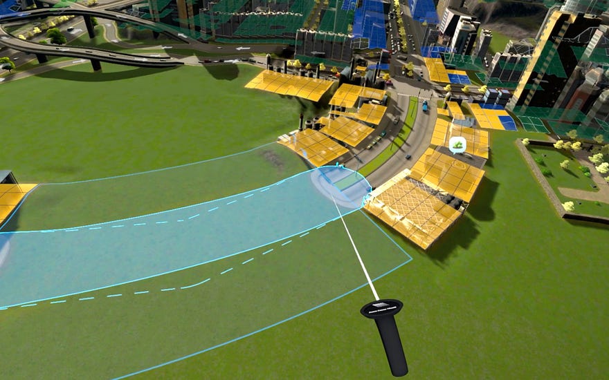 A screenshot of Cities: VR, a spin-off from Cities Skylines, showing a road being drawn using a VR wand.