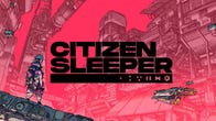 Artwork and logo for Citizen Sleeper, showing an android looking up at a city bathed in red-pink light.