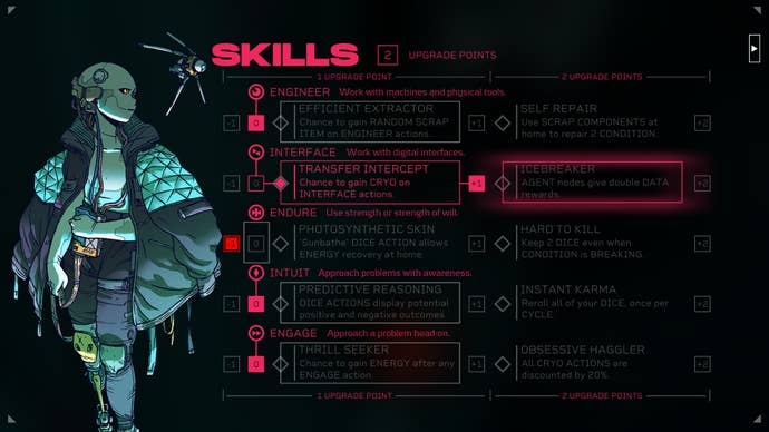 The skill screen from Citizen Sleeper