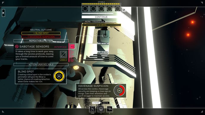 The decision screen to hack quarantine sensors in Citizen Sleeper's Flux DLC