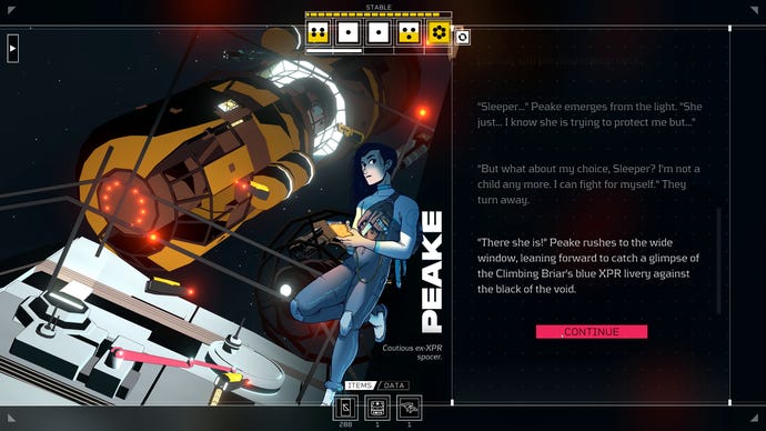 The player speaks with ex-spacer Peake in Citizen Sleeper's Flux DLC