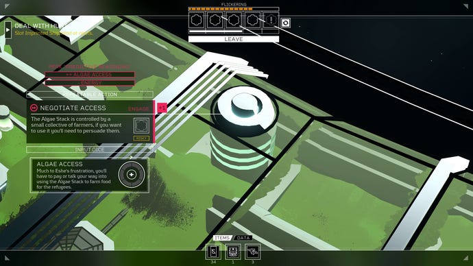 The decision screen for negotiating access to food in Citizen Sleeper's Flux DLC