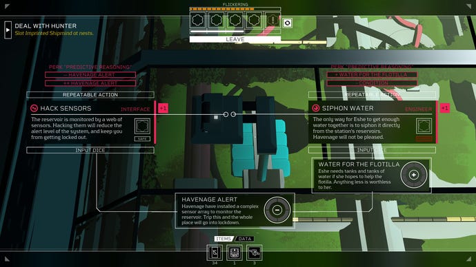 The decision screen for hacking sensors or siphoning water in Citizen Sleeper's Flux DLC