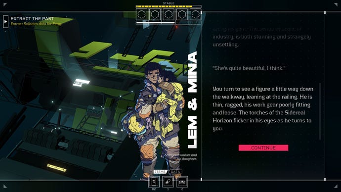 يتحدث اللاعب إلى Lem و Mina ، وهو حوض بناء السفن وابنته ، في Citizen Sleeper