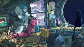 A cyborg does some soldering inside a busy apartment room with a cat in artwork for Citizen Sleeper