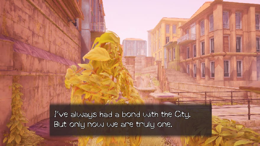 "I've always had a bond with the City," says a human-like arrangement of leaves in a City Of Muse screenshot. "But only now are we truly one."