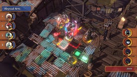 A screenshot of the strategy-RPG City Of The Shroud showing an isometric world with characters positioned in battle on a grid with a fantasy setting.