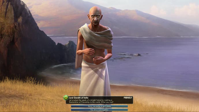 Civilization V's depiction of Gandhi, as seen during a diplomatic exchange.