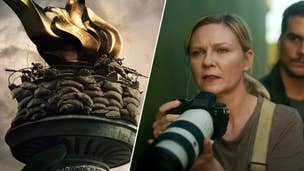 Two soldiers are perched on the torch of the Statue of Liberty, Kirsten Dunst is stood with a camera in hand, a man stood behind her in Civil War.