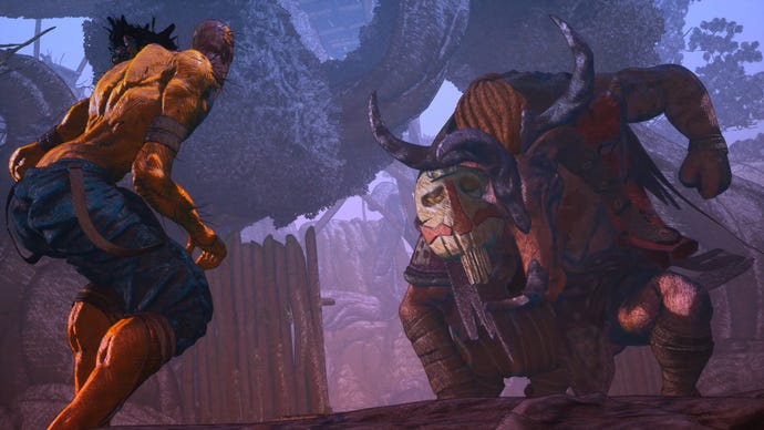 Pseudo prepares to take on a massive horned beast in Clash: Artifacts Of Chaos.