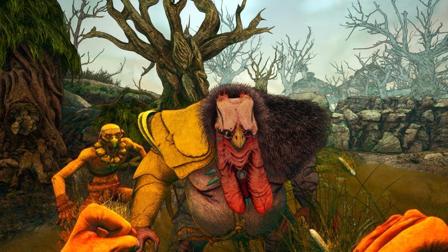 A screenshot of Clash: Artifacts Of Chaos showing a first-person view of fists raised, a brawl about to happen against a big turkey man.