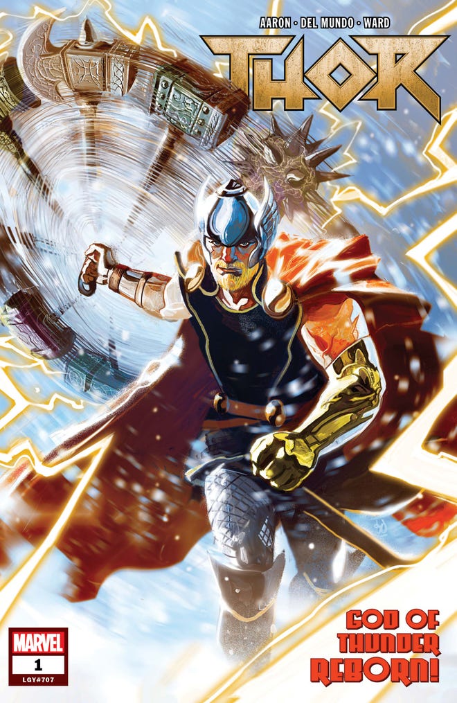 Cover of Thor 'God of Thunder Reborn' issue 1, featuring Thor Odinson swinging his hammer. Artist: Mike del Mundo