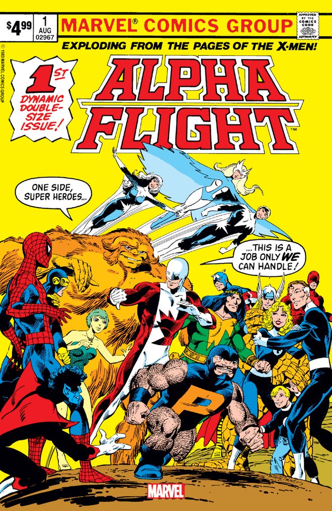 Yellow comic book cover that reads Alpha Flight and a superhero fight
